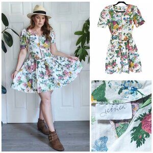 𝅺VINTAGE Cotton Linen White Floral Dress